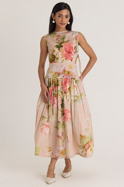 Pink floral printed cut out dress