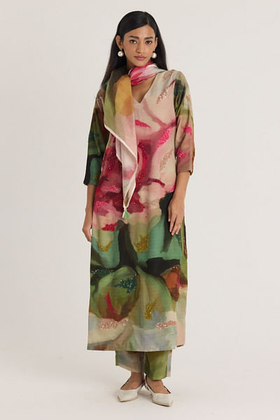 Multicolour bead embellished kurta set