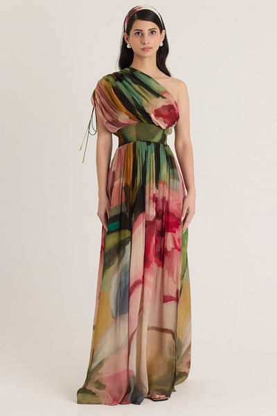 Multicolour floral printed one shoulder dress