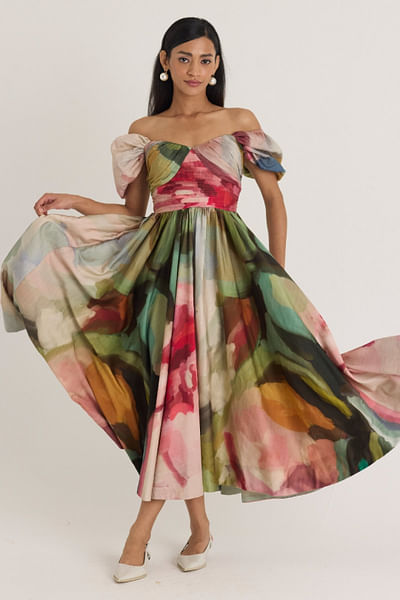 Multicolour abstract floral printed dress