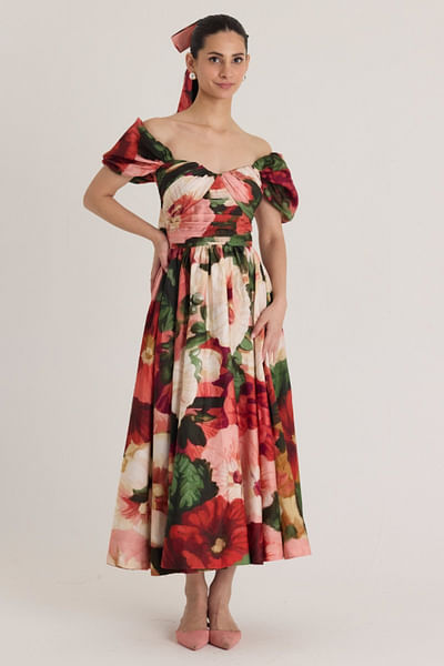 Multicolour floral printed puff dress