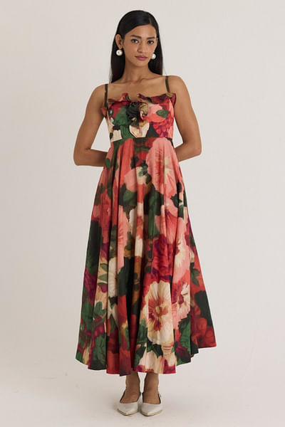 Multicolour floral printed frill dress