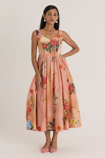 Peach floral printed cotton dress