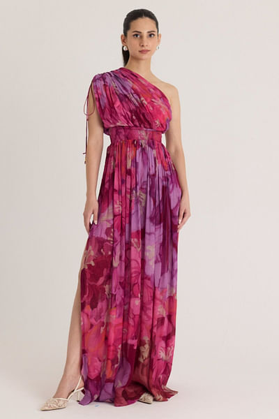 Violet floral printed one-shoulder dress