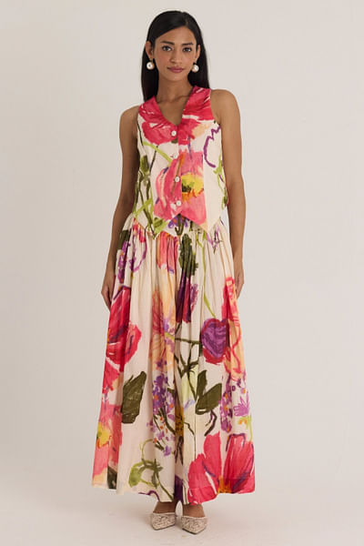 White floral printed waistcoat and skirt