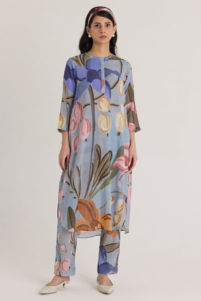 Blue floral printed long kurta set