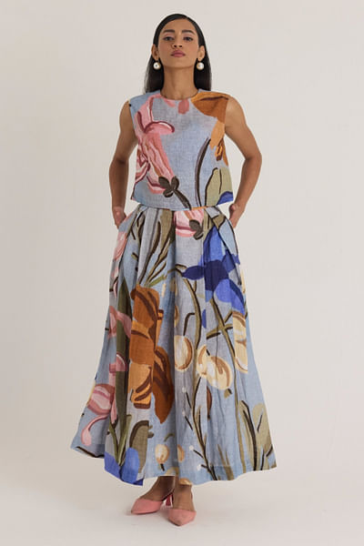 Blue floral printed skirt set