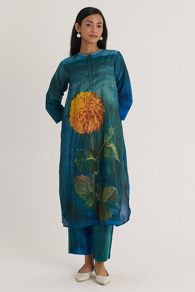 Deep teal floral printed long kurta set