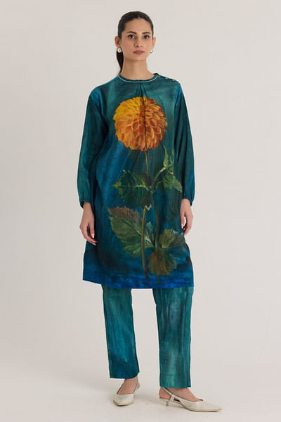 Deep teal floral printed short kurta set
