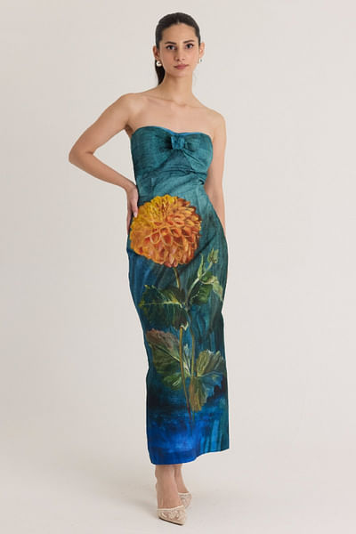 Deep teal floral printed dress