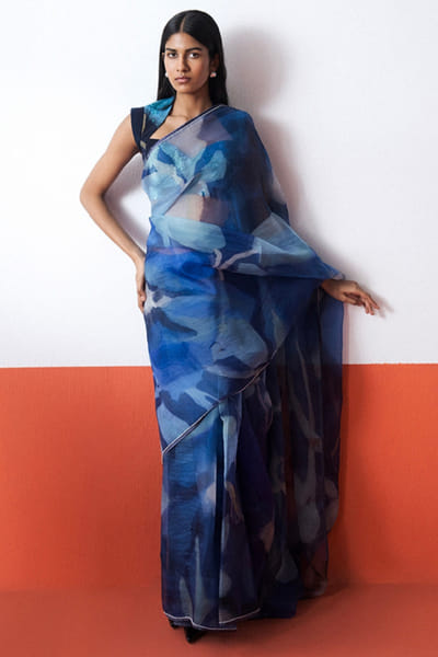 Blue abstract printed organza sari