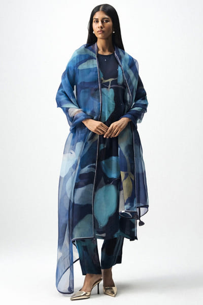 Blue abstract printed organza dupatta