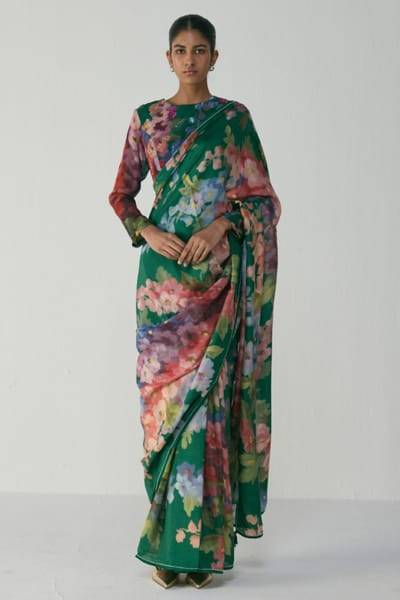 Green floral printed silk sari