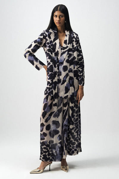 Navy blue and white printed blazer pant set