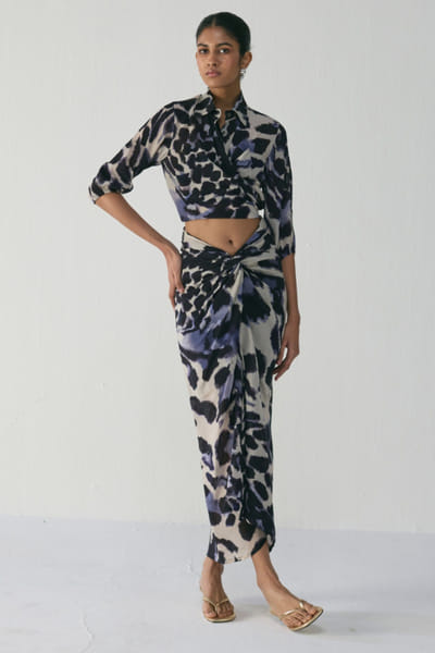 Navy blue and white printed draped skirt set