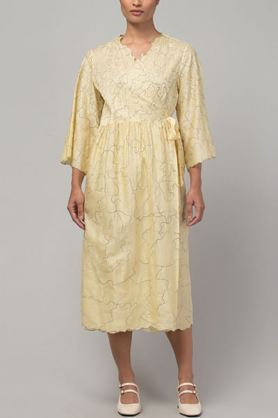 Yellow embroidery wrap dress
