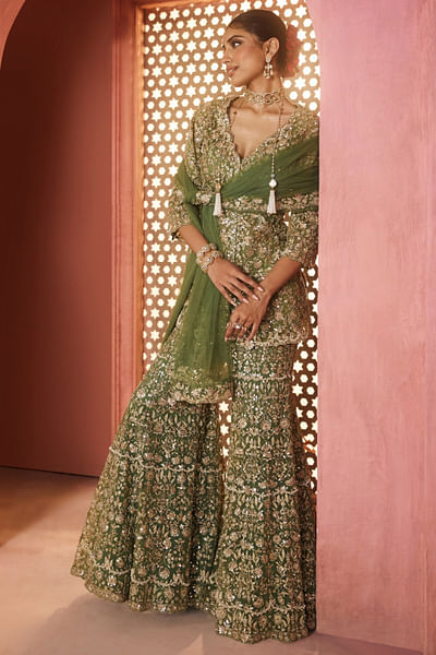 Green zari embroidered sharara set