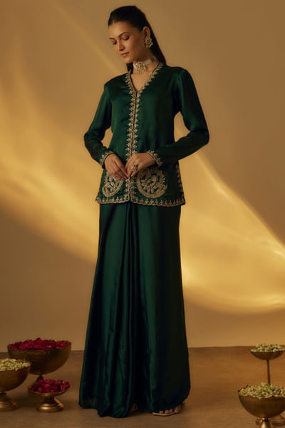 Green pita embroidered jacket-drape skirt set