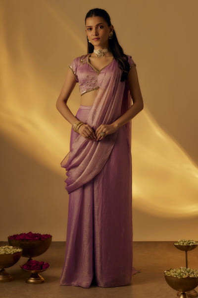 Lavender zardozi embroidered draped sari set