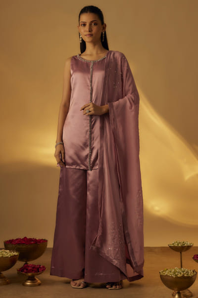Dusty pink crystal-sequin embroidery kurta set
