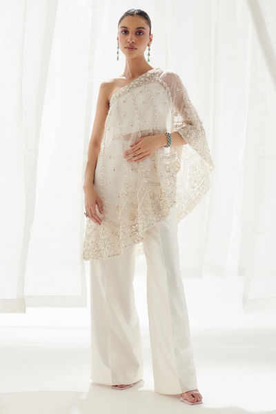 Off-white embroidered one-shoulder cape set