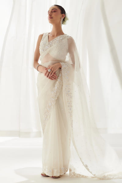 White embroidered organza sari set