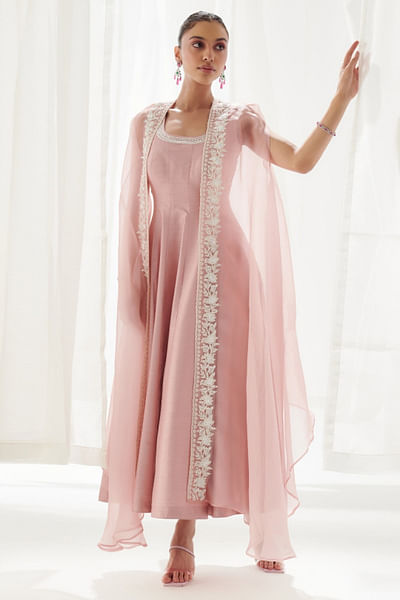 Pink embroidered anarkali cape set