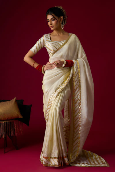 Gold sequin embellished tissue sari set