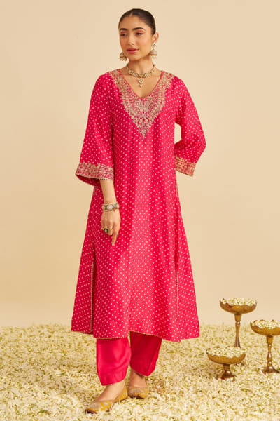 Hot pink bandhej long choga salwar set