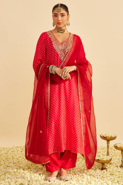 Sheetal Batra Red bandhej long choga set SHEJAN26D136672