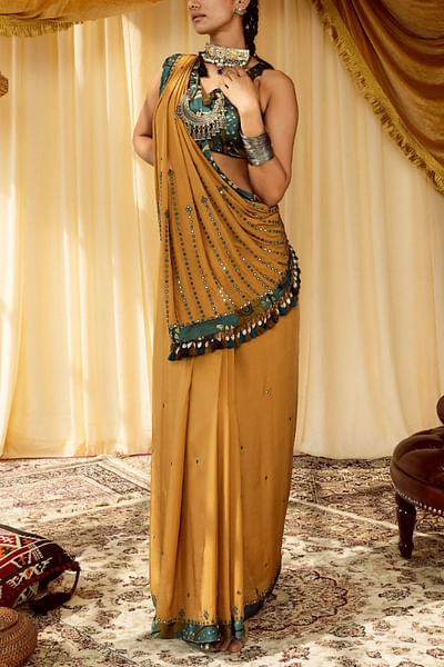 Mustard embroidered sari set