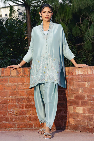 Aneeka Ruknuddin Minty blue embroidered co-ord set ANEEJUL26D249811