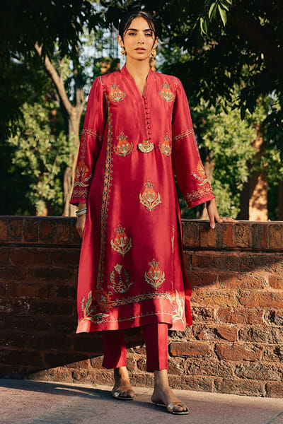 Aneeka Ruknuddin Rust appliqué embroidered kurta set ANEEJUL26D249812