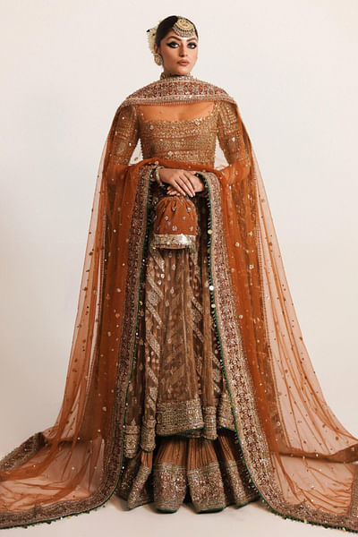 Golden brown embroidered sharara set