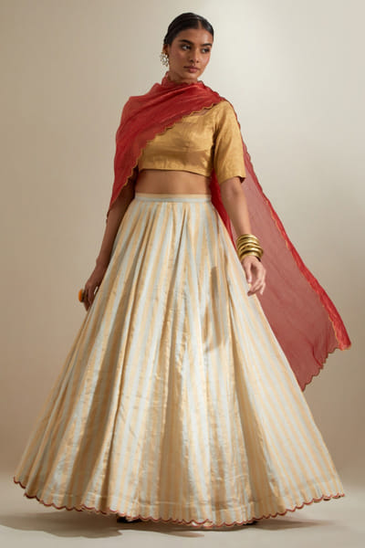 Silver-gold zari stripe handwoven lehenga set