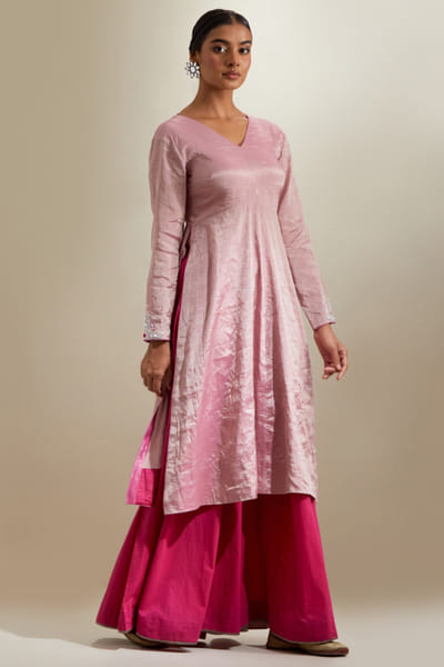 Pink zari embroidered anarkali and palazzo set