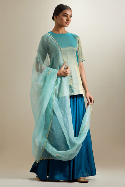 Aqua mint and teal blue embroidery sharara set