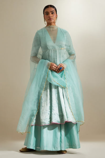 Mint embroidered anarkali and palazzo set