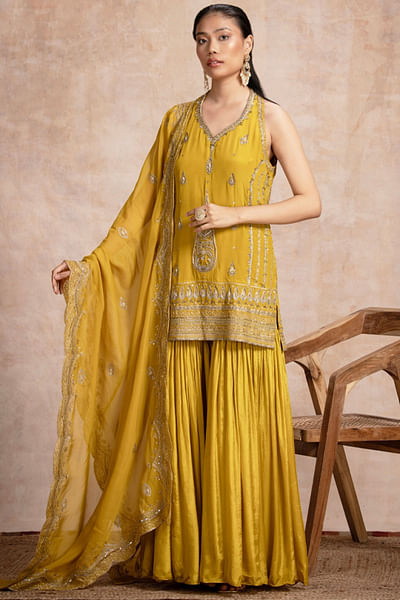 Gold zari embroidered kurta and gharara set