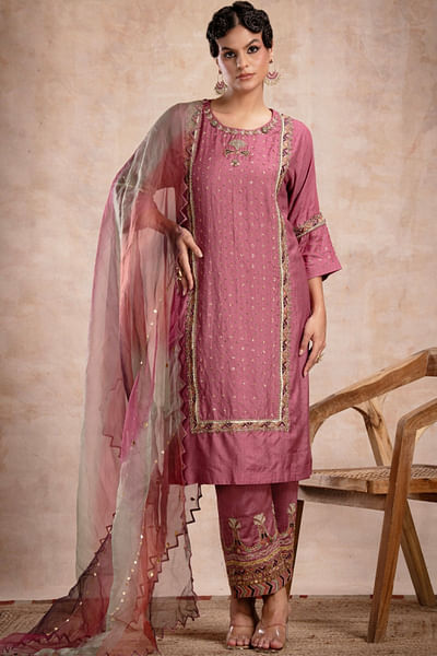 Mauve sequin embroidered kurta set