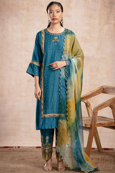 Turquoise sequin embroidered kurta set