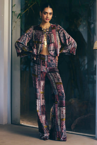Multicolour printed and laced velvet jacket