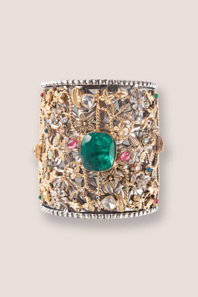 Zevar By Geeta Gold and green kundan polki embellished cuff ZEVAJUN26D246388