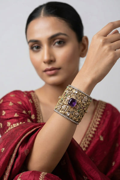 Zevar By Geeta Purple kundan polki embellished cuff ZEVAJUN26D246400