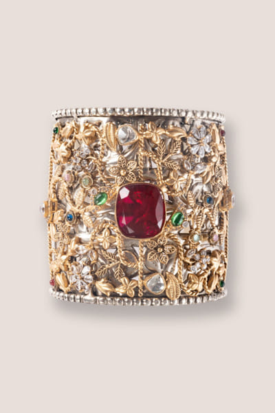 Zevar By Geeta Red and gold kundan polki cuff ZEVAJUN26D146035