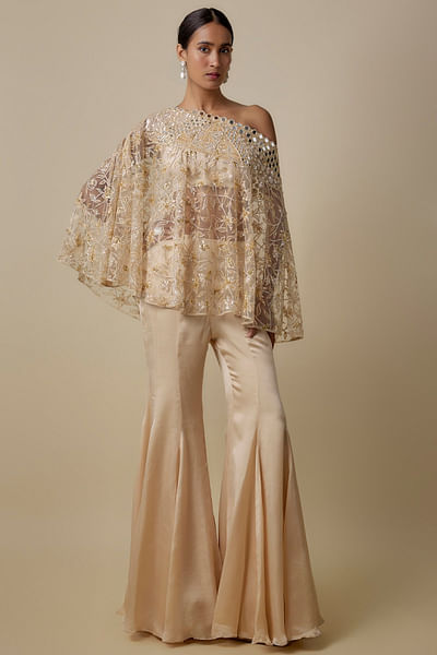 Beige floral embroidered cape set