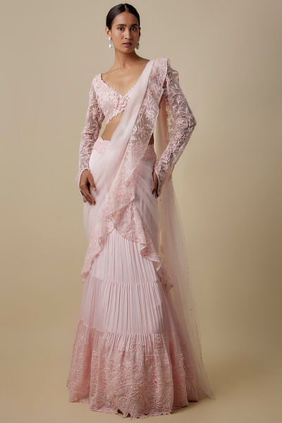 Baby pink embroidered pre-draped sari set