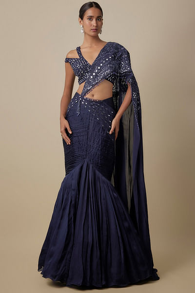 Navy blue pre-draped sari set