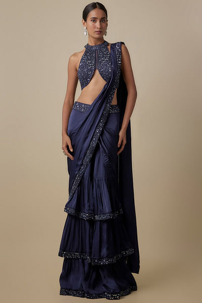 Navy blue embroidered pre-draped sari set