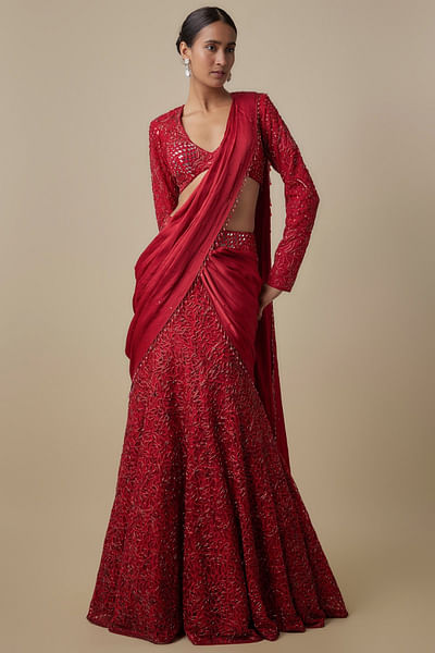 Red embroidered pre-draped sari set